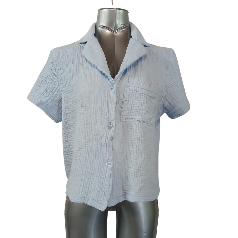 Born XL Light Blue Cotton Crinkle Gauze Short‎ Sleeve Button Down Shirt Resort